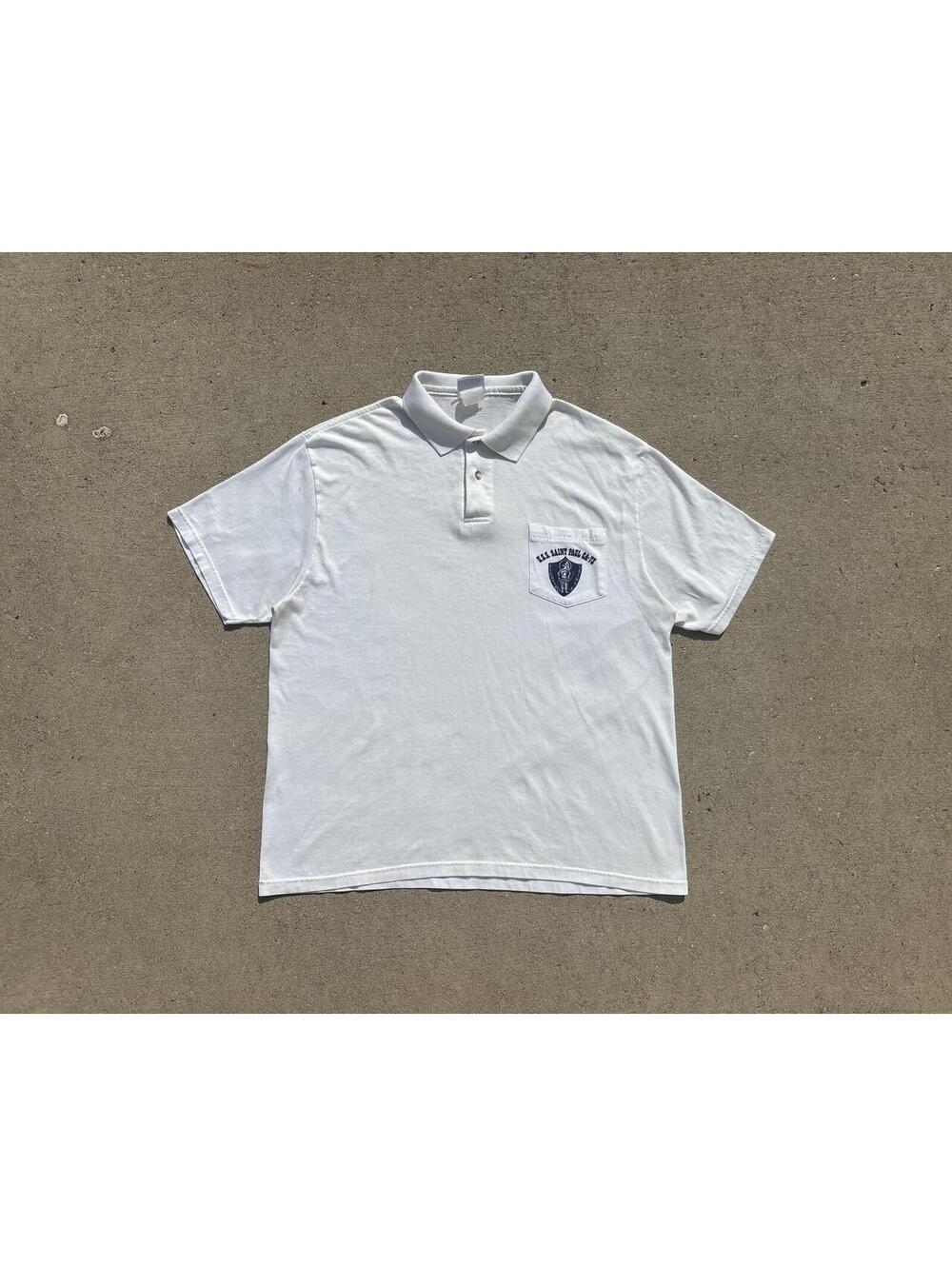 Vintage Cream Faded Blank White Polo Shirt with Graphic 1990